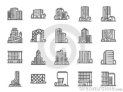 Building line icon set. Included icons as city scape, architecture,Â dwelling, Skyscraper, structure and more. Vector Illustration